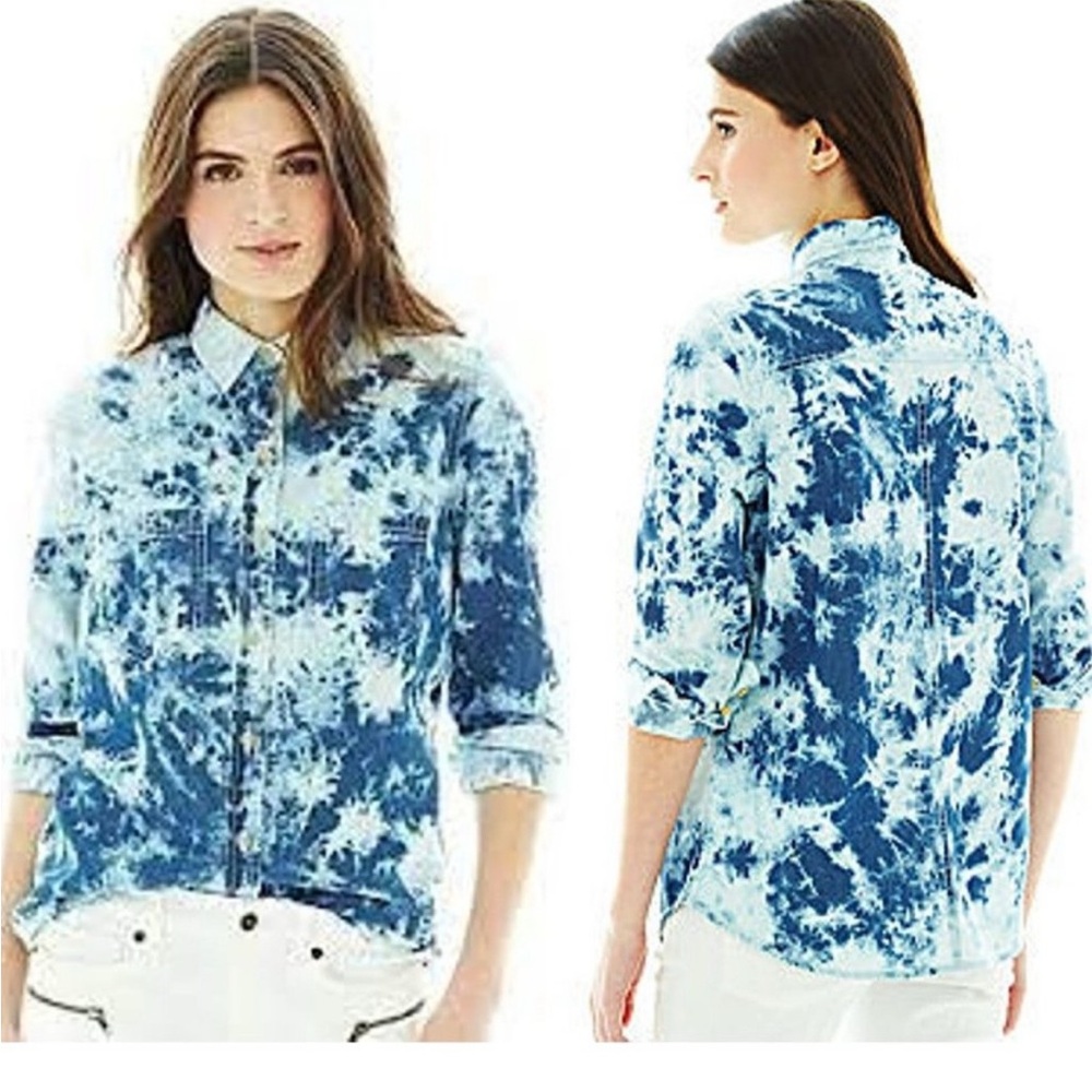 Joe Fresh Blue/Cream Acid Wash Tie-Dye Button Down Long Sleeve Large Shirt